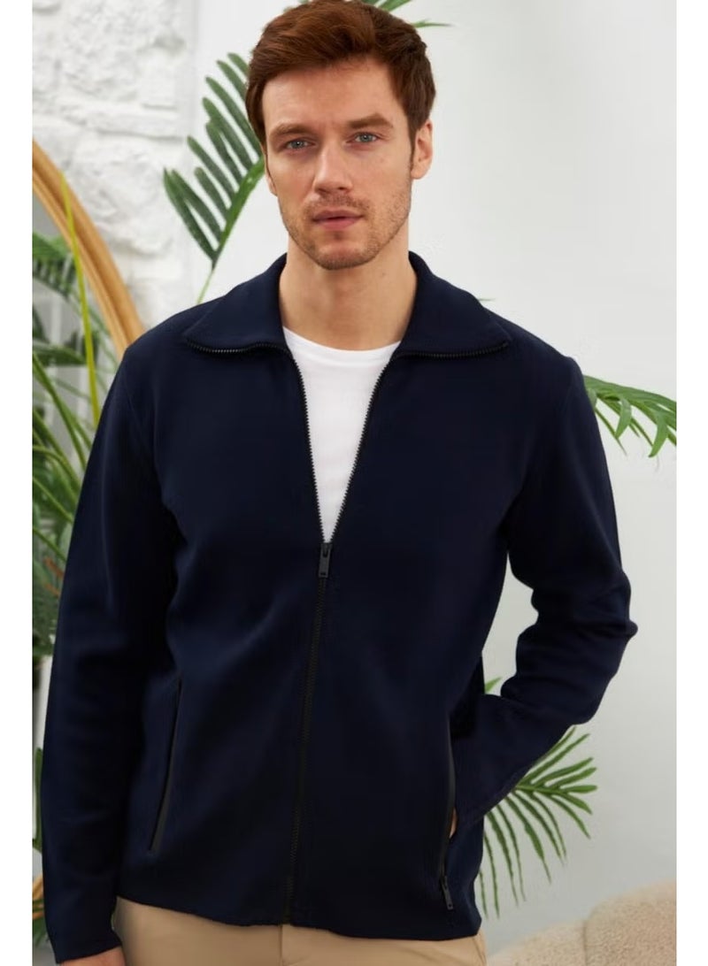 Odelon Men's Waterproof Zippered Cotton Knitwear Cardigan Navy Blue HRK201 - Image 4
